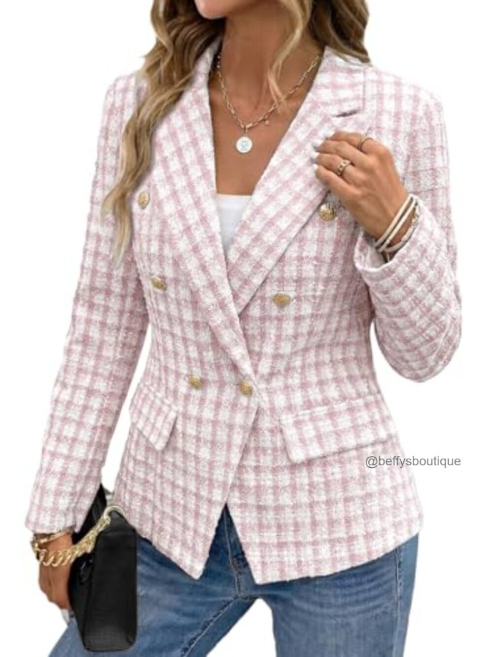 Double-Breasted Tweed Blazer Fully-Lined Slim Fit Casual Work - Picture 5 of 7